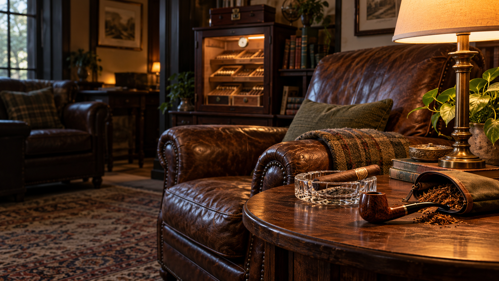 A warm lounge with a cigar and pipe on a side table